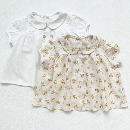 Floral Girls Shirt Summer Short Sleeve Petal Collar Blouse for Girls Clothes Soft Breathable Linen Cotton Children Tops Clothing