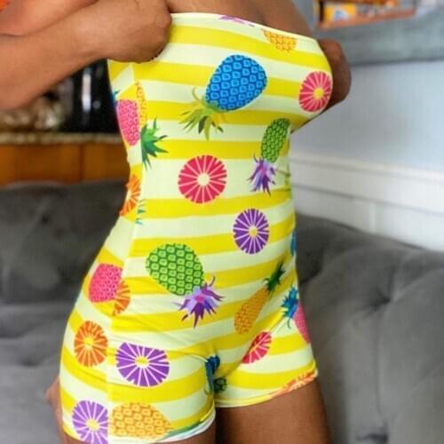 Sexy Womens Fruit Printed Jumpsuit Sleeveless Off-shoulder Skinny Rompers Tight Home Clothing