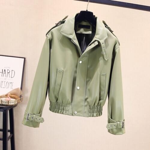 Spring Autumn Chic Big Pocket Silm Epaulet PU Leather Jacket Outer Women Lady MotoBike Zipper