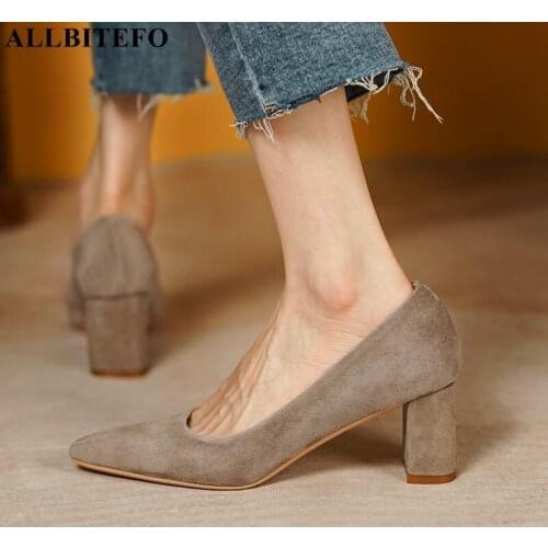 ALLBITEFO Thick Heel Pointed Toe Comfortable Genuine Leather High Heel Shoes Autumn Spring Fashion Leisure Women Heels Shoes