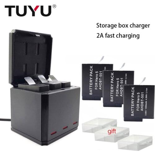 TUYU for GoPro Hero 7 Black Hero 6 5 Cam 3-way Battery Charger and 3 Batteries Kit Charging Storage Box with Replacement Battery