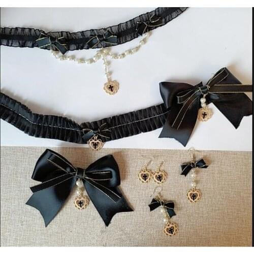 Vintage Japanese Sweet Lolita Lace Crossover Strap Bow Headwear Maid Hair Band Maid Daily Hair Accessories earring B783