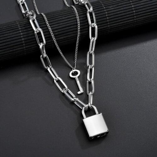 Vintage Padlock Key Necklace For Women Men Chain Lock Necklaces Heavy Duty Gothic Choker Metal Collar Long Pendant Necklace 2020
