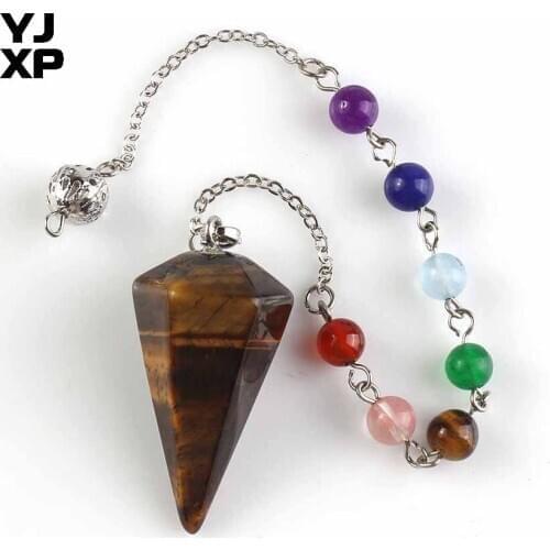 YJXP Silver Plated Link Chain 7 Beads Chakra Reiki Stone Pendulum Tiger Eye Stone Hexagon Pyramid Pendant Jewelry for Women Gift