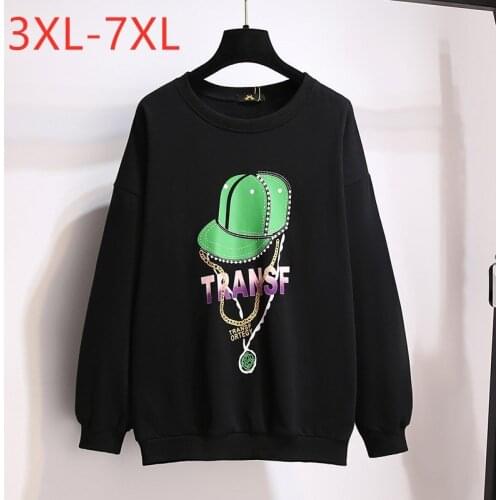 New Fashion Autumn Winter Plus Size Tops For Women Large Loose Long sleeve Black Print Thick Cotton T-shirt 7XL