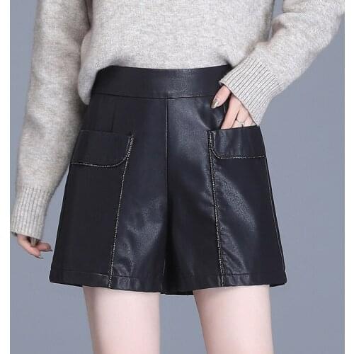 2020 Spring Fall Womens Stretchy High Waisted Pockets Lurex Black Pu Leather Shorts , Woman Clothes , Korean 4xl Casual Shorts