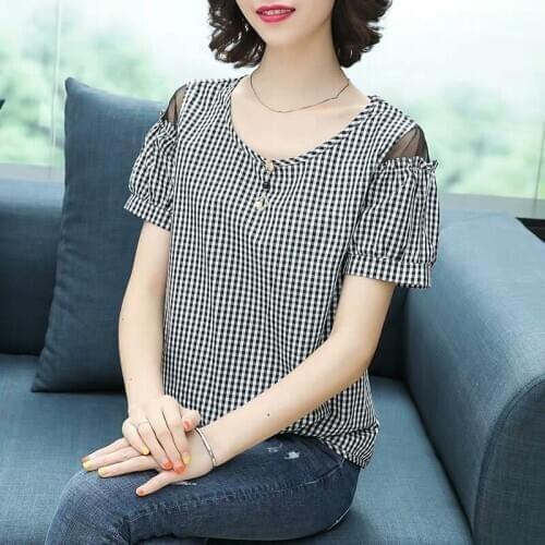 Womens Spring Summer Style Cotton Blouses Shirt Womens Short Sleeve O-neck Striped Korean Elegant Tops SP001