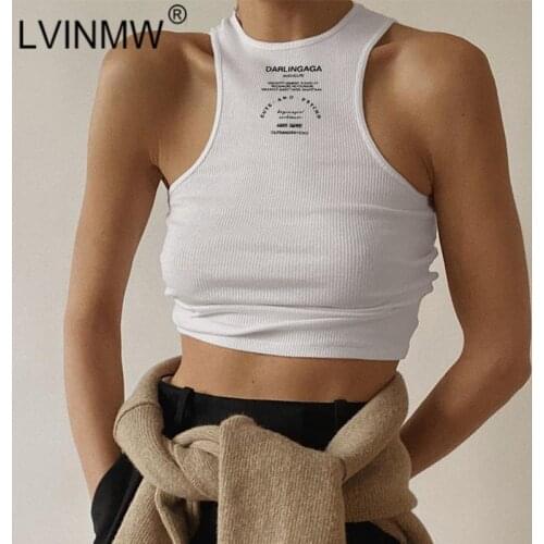 LVINMW O Neck Sleeveless Letter Print Casual Simple Crop Top Ribbed Solid Basic Slim Fashion Navel Tank Tops For Women Summer