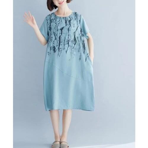 Women Summer Loose Casual Dress New Arrival 2021 Korean Simple Style O-neck Vintage Print Female Long Dresses S4020