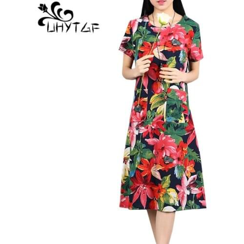 UHYTGF Womens summer dress 2020 ethnic style cotton linen printed elegant dresses Korean pocket loose 4XL plus size dress 1133