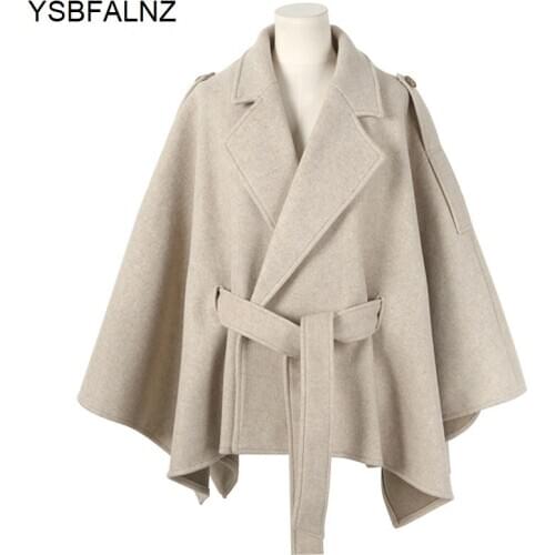 Plus Size 6XL Woolen Coats 2021 Autumn Fashion Womens Cloak Loose Lace-up Warm Thickened Solid Casual Drop-shoulder Slim Belt