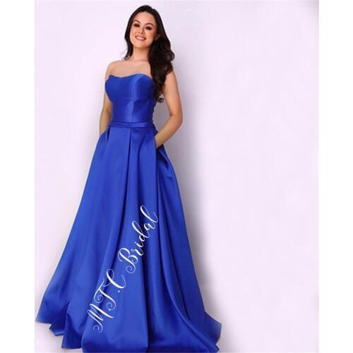 Elegant Strapless Royal Blue Long Evening Dress With Pockets A Line Floor Length High Quality Formal Occasion Dresses Cheap 2019