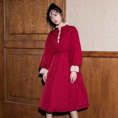 Winter Women Coat Warm Vintage Stand Fur collar Chinese style Long Red Thicken Cotton Padded Loose Female Cotton coat 2020 HOT