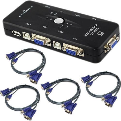 1set 4 KVM Switch Cables+ Hub 4 Port USB 2.0 KVM VGA/SVGA Switch Box Adapter Connects Printer keyboard Mouse 4 Computers