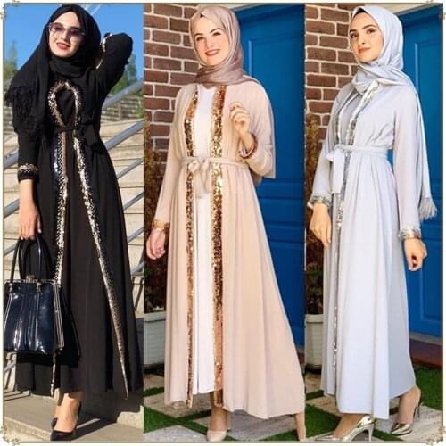 2021 Ramadan Shiny Sequined Beading Kimono Hijab Muslim Dress Abaya Female Open Islamic Kaftan Ramadan Eid Vestido Robe