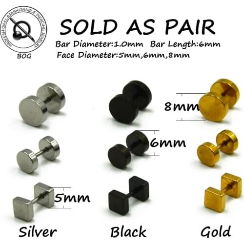 BOG-Pair 316L Surgical Steel Ear Studs Earrings Cheater Faux Fake Ear Tunnel Plugs Gauges Body Piercing Jewelry 18g Gold Black