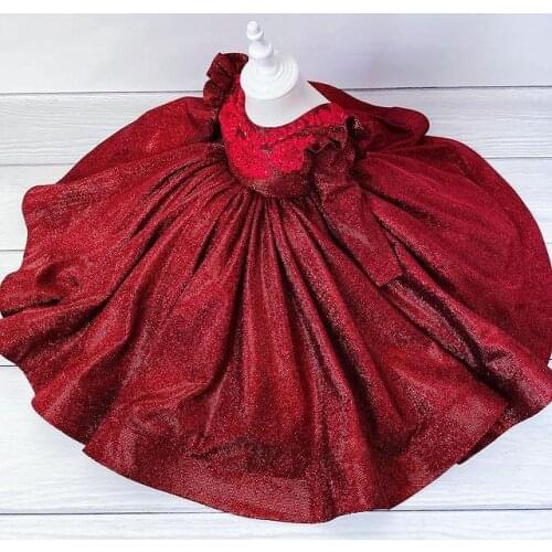 Burgundy Girls Pageant Dresses Long Sleeve Lace Flower Girl Dress For Weddings Children Beaded Princess Birthday Ball Gown
