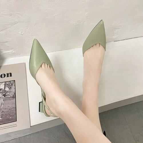 Fashion V Design Pointed Toe Women Sandals 2021 New Simple Mid-Heels Thick Heel High Heels Fairy Style Slingback Ladies Pumps