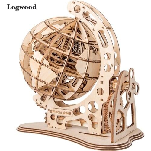 Wooden Globe Puzzle 3D DIY Mechanical Drive Model Transmission Gear Rotate Assembling Puzzles Home Office Decoration Toys Adults