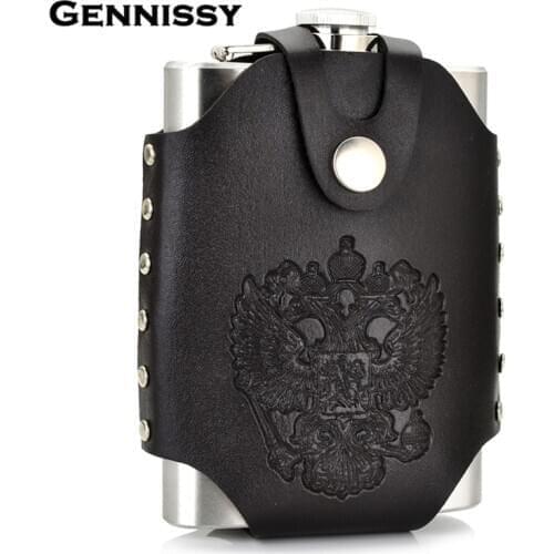 GENNISSY Russian Emblem Pattern 8 OZ Stainless Steel Flagon Removable Brown Holster Buckle Hip Flask Men Portable Whiskey Flasks
