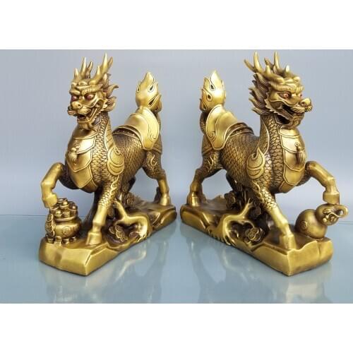 13" Chinese Seikos Bronze treasure bowl Unicorn statue A pair Benevolent beast Dragon head lion Town House Ward off evil spirits