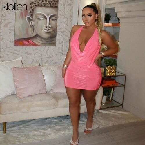 KLALIEN Fashion Sexy Low Chest V Neck Backless Women Mini Bodycon Dresses Summer New Simple Solid Party Club Streetwear Hot Sale