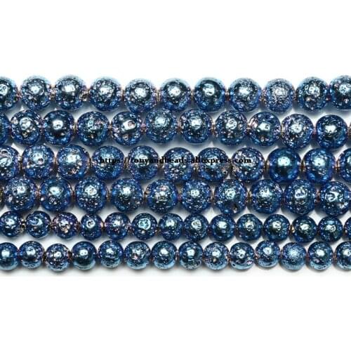 Natural Stone Blue Plated Volcano Lava Round Loose Beads 15" Strand 6 8 10 MM For Jewelry Making
