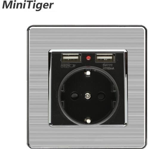 Minitiger Black Dual USB Charging Port 5V 2.1A Wall Charger Adapter LED Indicator 16A EU Socket Power Outlet Stainless Steel