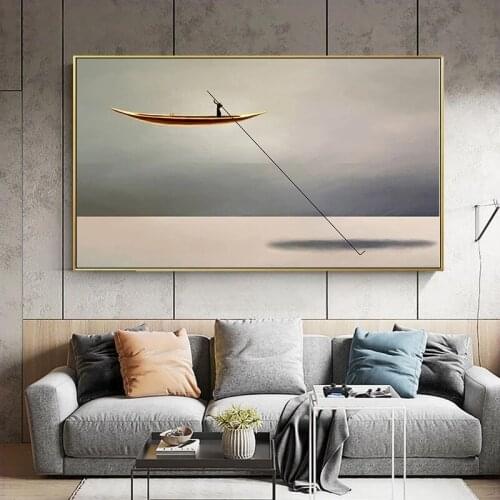 Sea Golden Boat Abstract Canvas Painting Nordic Vintage Poster Print Modern Artwork Wall Art Decoration Picture Living Room
