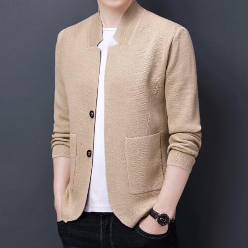 2021 new high-end mens fashion business casual stand collar casual solid color suit style sweater coat mens knitted sweater
