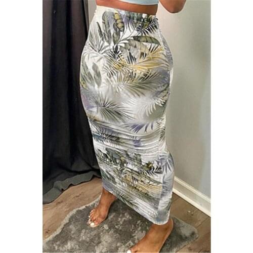 2021 New Female Midiskirt, Adults Leaf Print High Waist Package Hip Skirt for Summer Fall, White/Blue/Green/Orange/Pink
