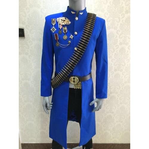 New Mens Fashion Blue Long Design Suit Jacket Navy Costumes Party prom formal dress Nightclub show stage performance wear
