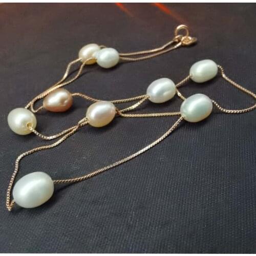 Wholesale 10X Natural Rice Freshwater Pearl Mxed Beads Rose gold Chain Necklace For girls
