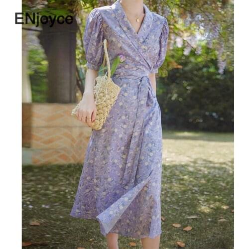 Luxury Purple Floral Printed Midi Dress for Women French Retro V Neck Wrap Skirt Ladies Slim High Waist Chiffon Dresses Summer