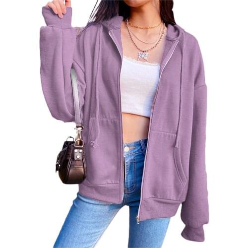 Womens Loose Zip Up Hoodies, Long Sleeve Solid Color Plush Lined Hooded Sweatshirts 2021 New