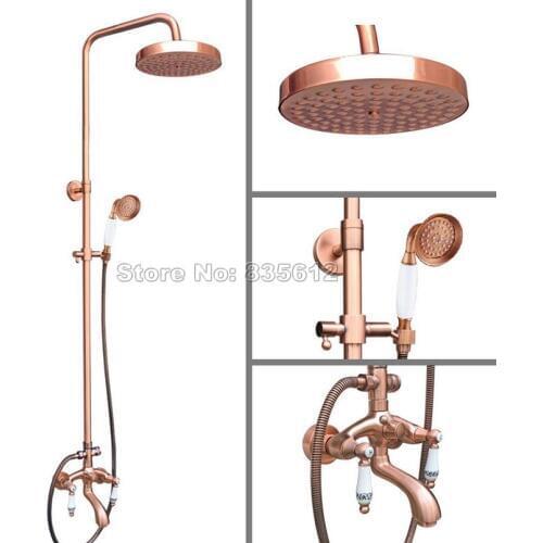 Bathroom Antique Red Copper Rain Shower Faucet Set Wall Mounted Dual Ceramic Handles Bathtub Mixer Tap + Handheld Shower Wrg535