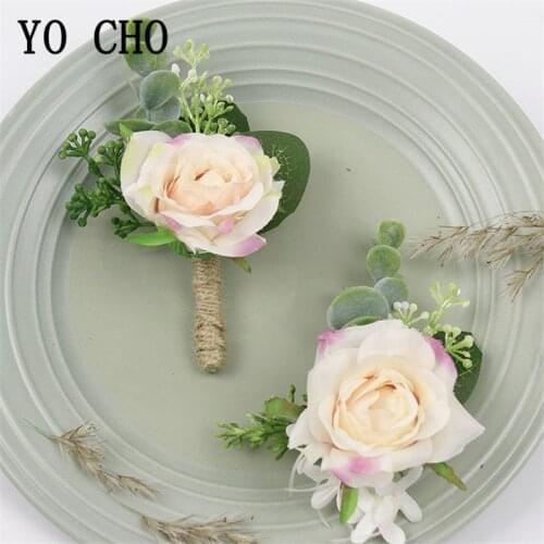 YO CHO Bride Wrist Corsage Men Wedding Boutonniere Quality Silk Rose Flower Girl Bracelet White Pink Boutonniere Wedding Corsage