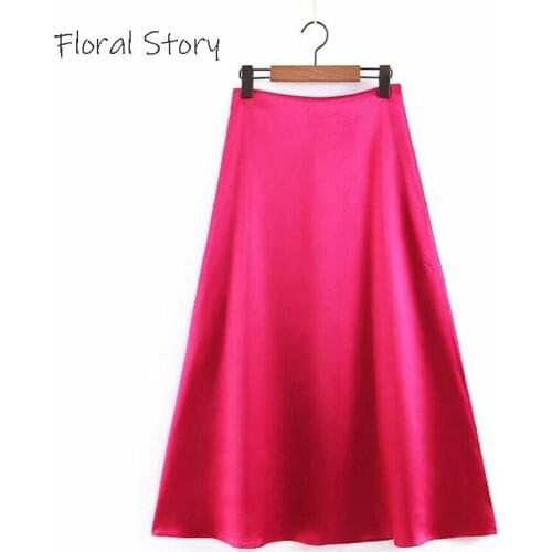 Solid Color Summer Skirt FLORAL STORY Woman Shinny Fabric Casual Skirts Office Lady Fuchsia Color Elegant A-line Ankle Skirt