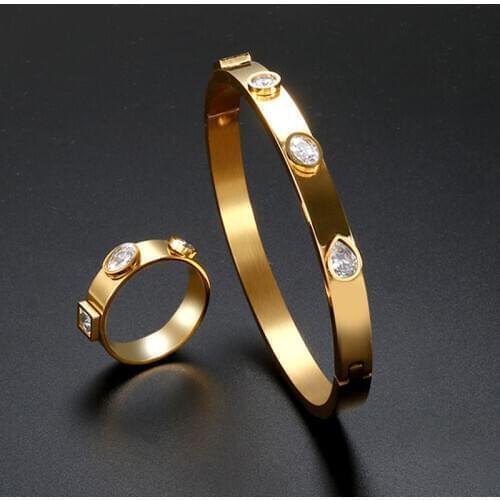 Stainless Steel Fashion Jewelry Set Women Gold Cuff Bangle Bracelet Crystal Wedding Rings For Women Men Jewelry Set Gift