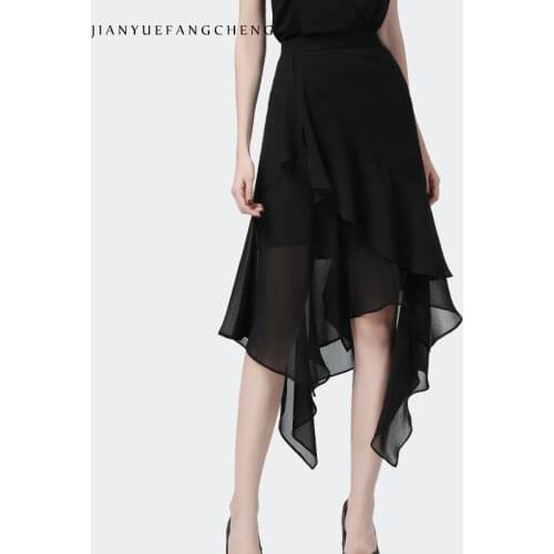 Fashion Women Summer Black Chiffon Skirt Irregular Length High Waist A-Line Long Skirts Korean Style Ladies Streetwear Bottoms