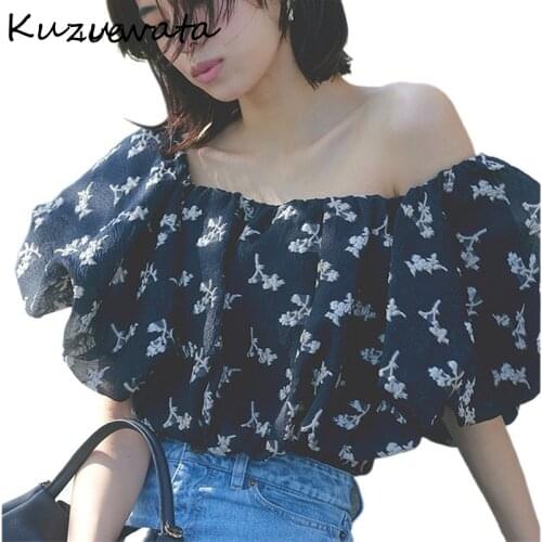 KUZUWATA Holiday Print Blouses Slash Neck Off Shoulder Embroidery Jacquard Puff Sleeve Shirt Summer Bohemian Sweet Women Blusas
