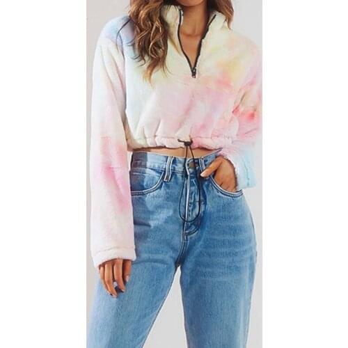 Women Long Sleeve Cropped Sweatshirt Half Zip Up Tie-Dye Loose Pullover Tops Fuzzy Plush Drawstring Hem Streetwear