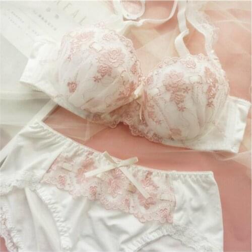 Plus Size Japanese Sexy Push Up Bra and Panty Set Lingerie Women Embroidery Bralette Fox Gathered Bra Panties Lace Underwear New