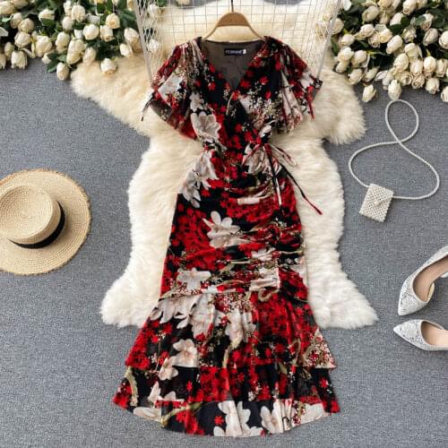 Summer New Drawstring Folds Slim Mid-length Stretch Mesh Dress Floral Print Fishtail Dresses Women Vestidos Mujer Verano 2021