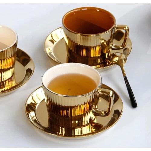 250ml Gold Plated Tea Cup & Saucer Set Ceramic Espresso Cup Office -Gold