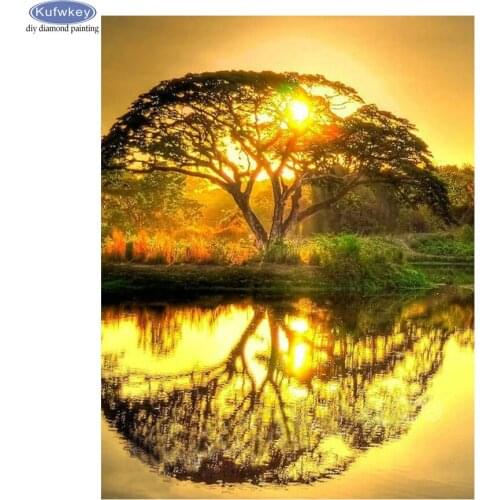 5D diamond painting cross stitch sunset tree reflection pictures mosaic embroidery beads diy sewing handmade decoration home