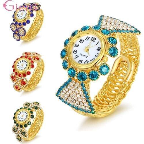 Fashion Personality Crystal Wrist Band Cuff Bracelet Quart Watch for Women Girl Christmas Birthday Gift Jewelry Watch Bracelet