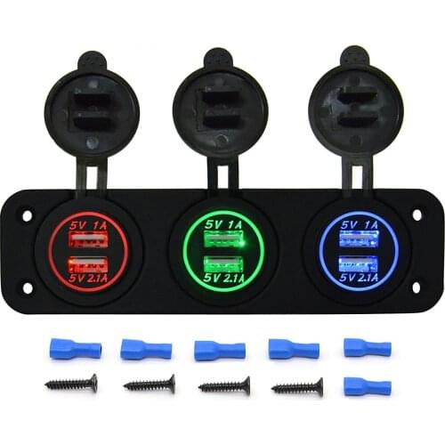 DIY 6-port USB Charger Dual 5V/3.1A Power Outlet Adapter Socket Panel for Car Boat Marine Motorcycle RV ATV(Red+Green+Blue LED)