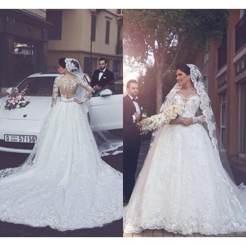 Tulle Lace Appliques A-Line Wedding Dresses 2021 New Elegant Long-Sleeves Covered Button Wedding Bridal Ball Gowns Long