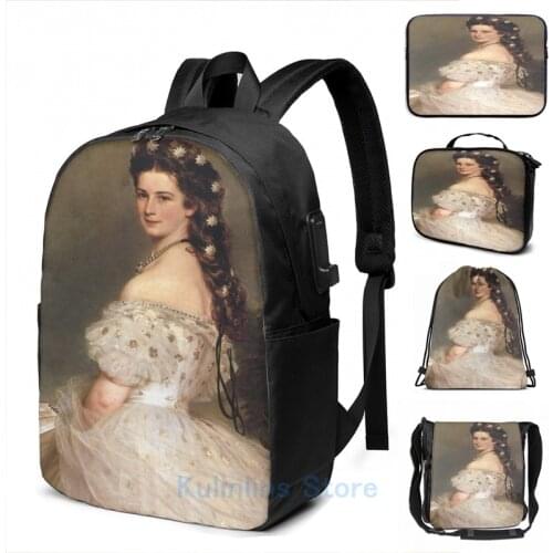 Graphic Empress Elisabeth of Austria in dancing dress-Franz Xaver Winterhalter USB Charge Backpack men School Travel laptop bag